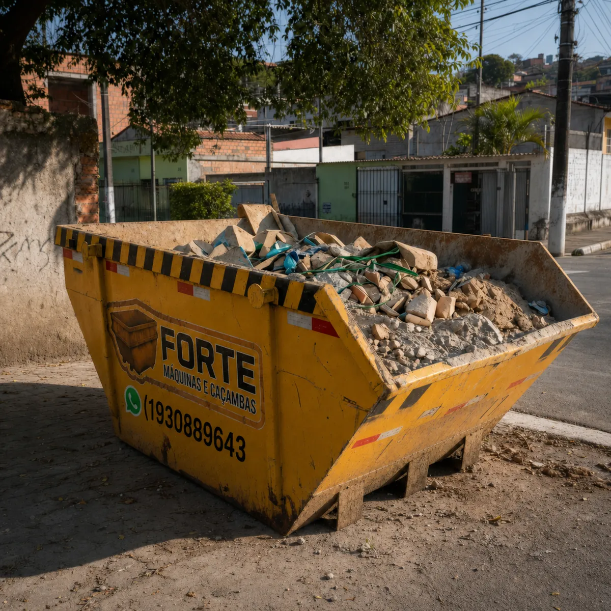 Caçamba cheia de entulho de reforma