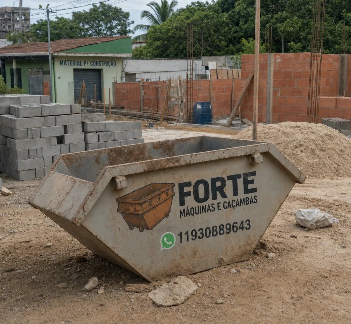 Caçamba posicionada em garagem residencial