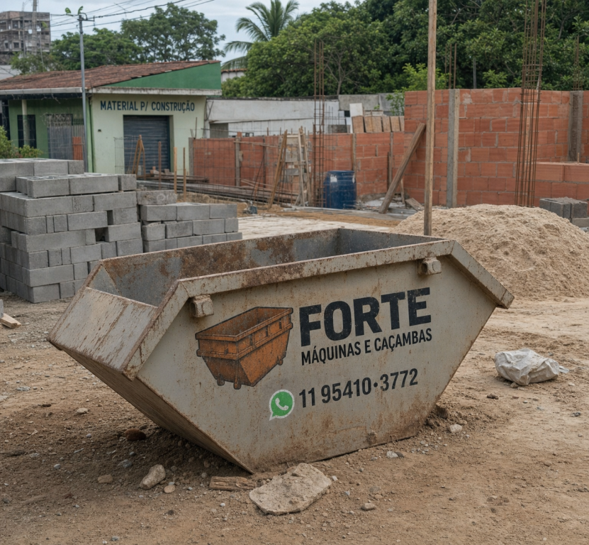 Caçamba posicionada em garagem residencial