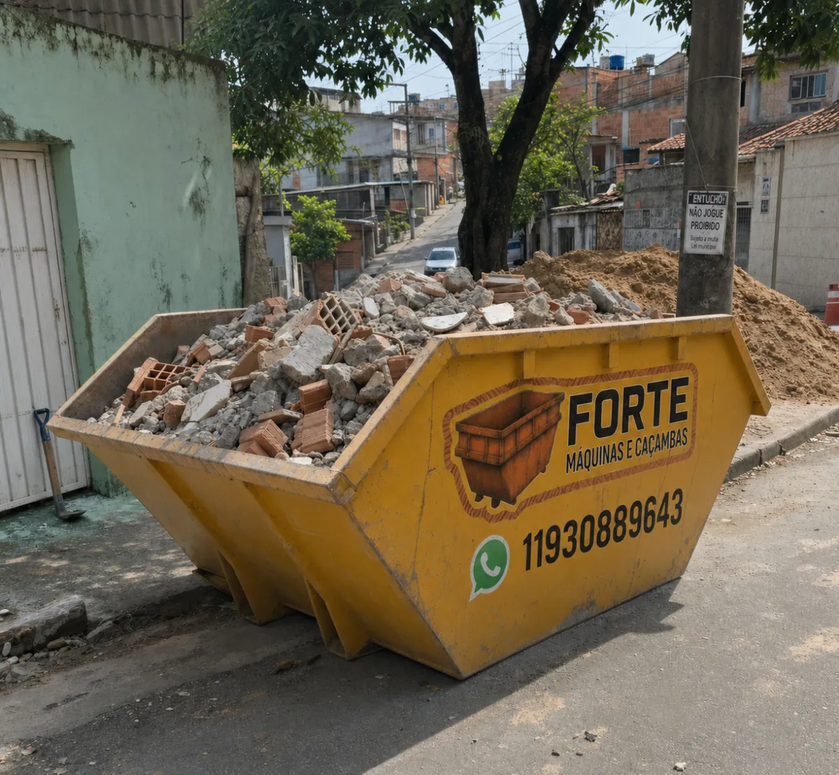 Caçambas em obra comercial de grande porte